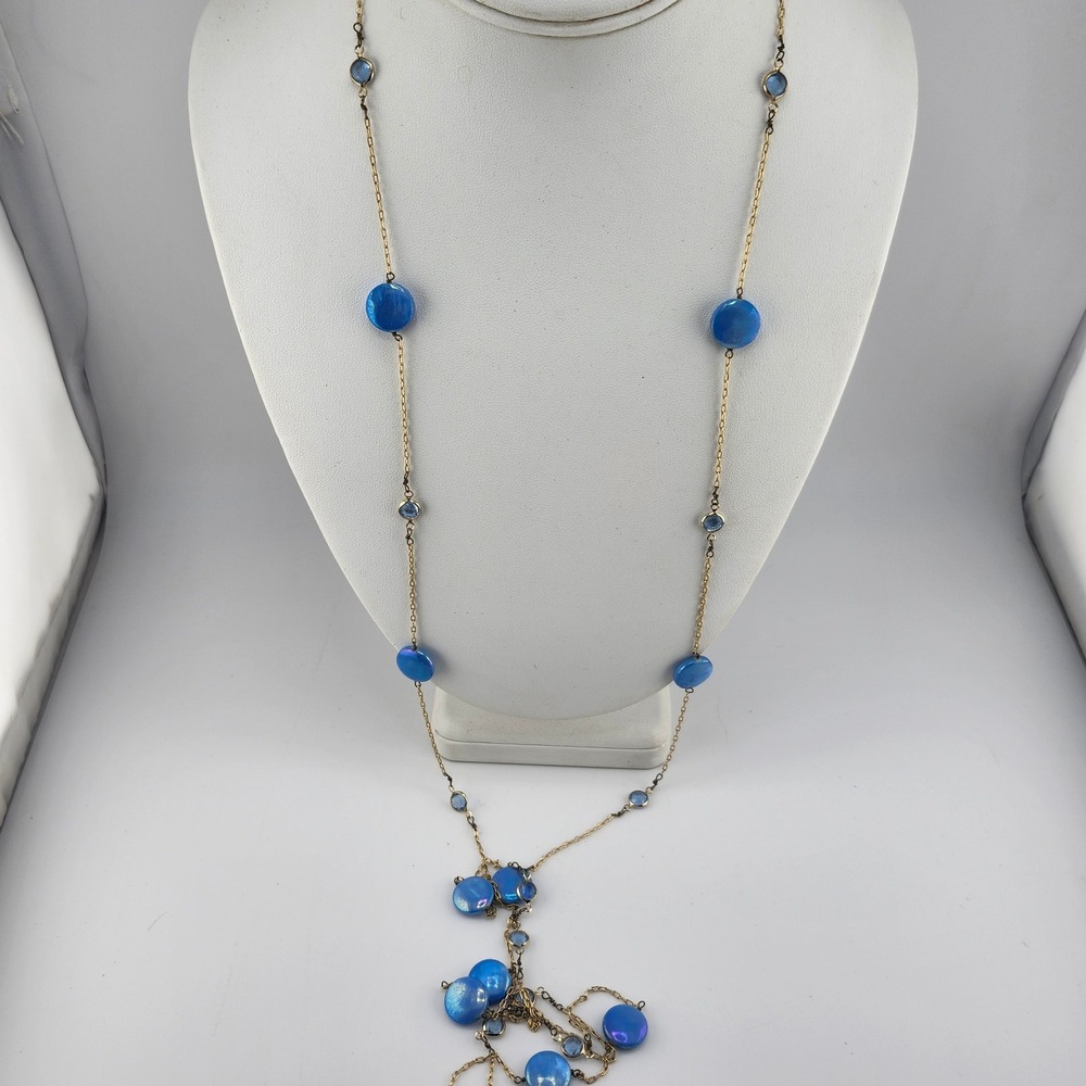 Gold‎ Tone Chain Necklace Blue Iridescent Round Bead Accent Layering